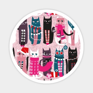 Feline Christmas vibes // pattern // pink background green fuchsia pink white and black kittens Magnet